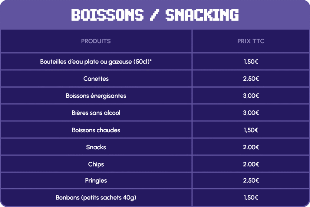 Tableau boissons-snacking